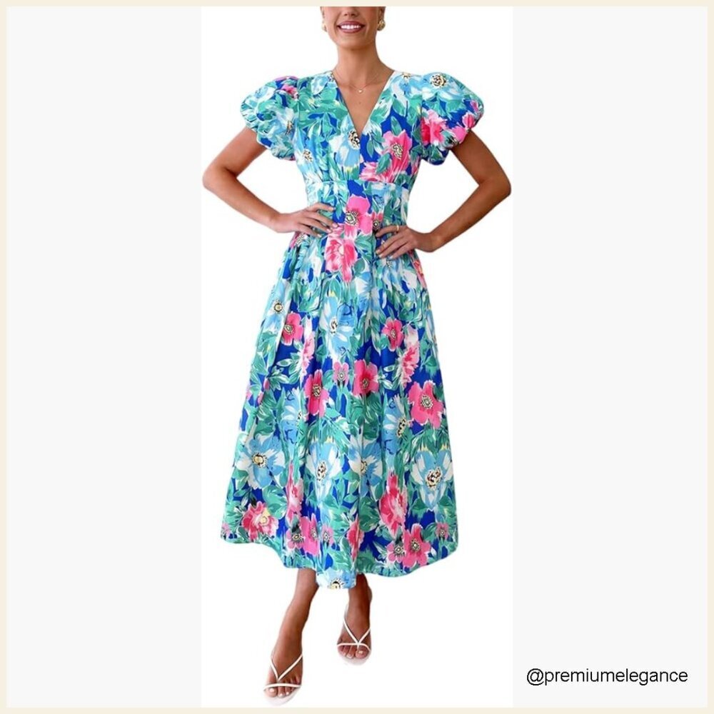 Maxi Dress Floral V-Neck Short Sleeve Wedding Guest Party Casual Boho
